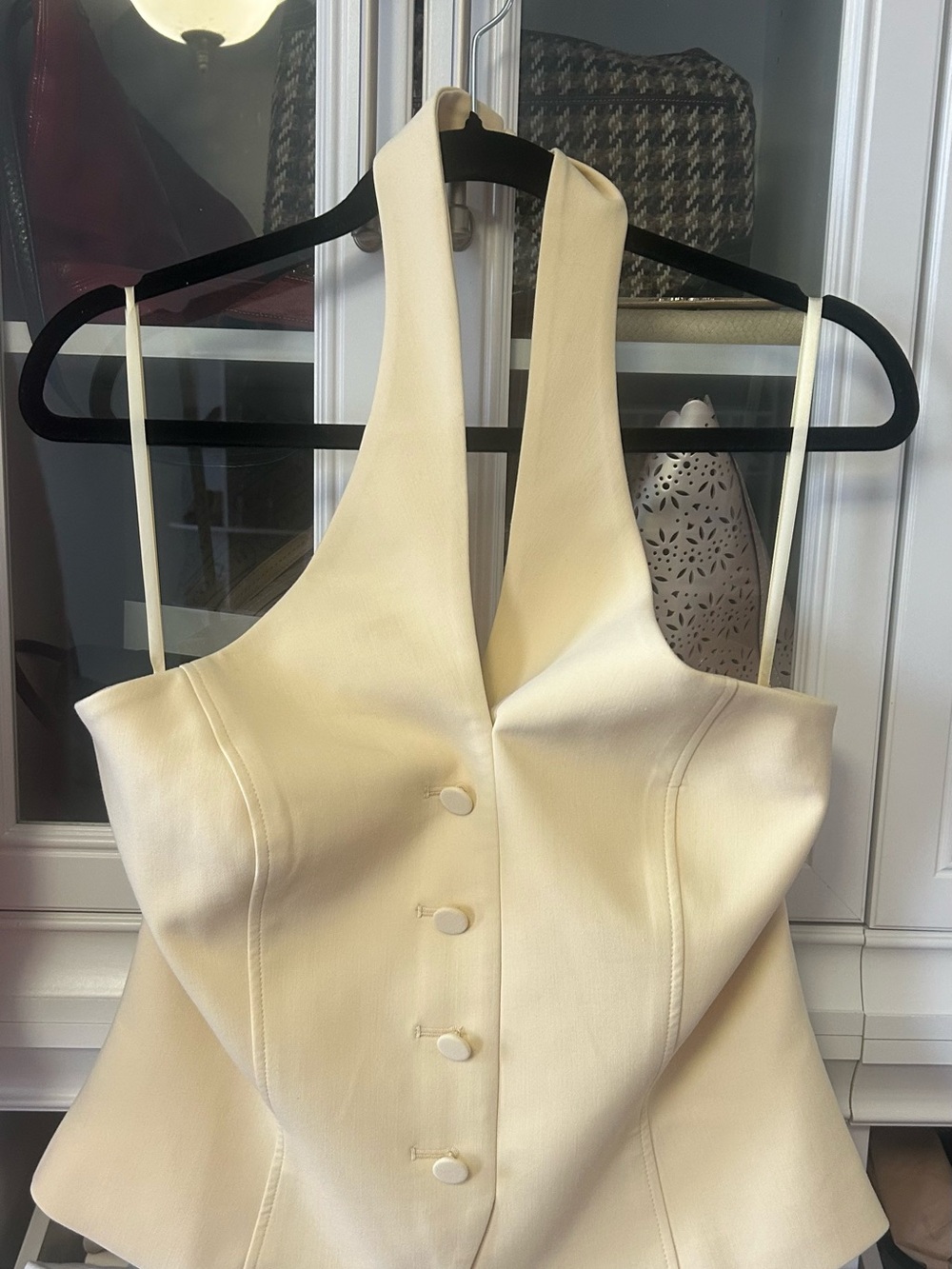 White House Black Market Cream/Light Yellow Halter Button-Front